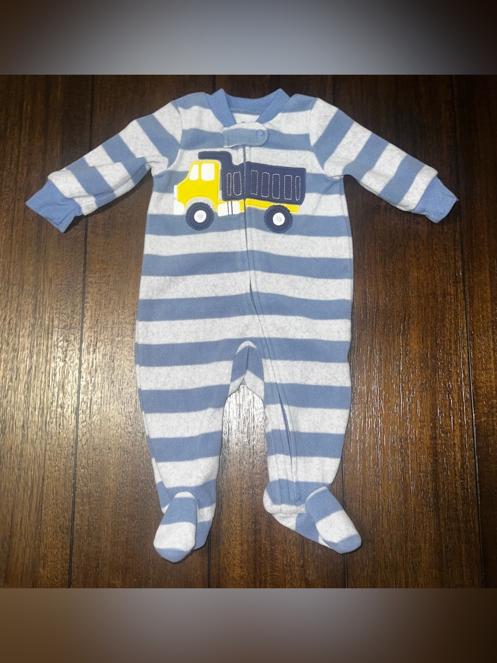 Carter's Blue & White Striped Footed One-Piece with Yellow Truck